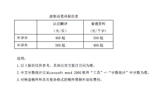 波斯語翻譯價格